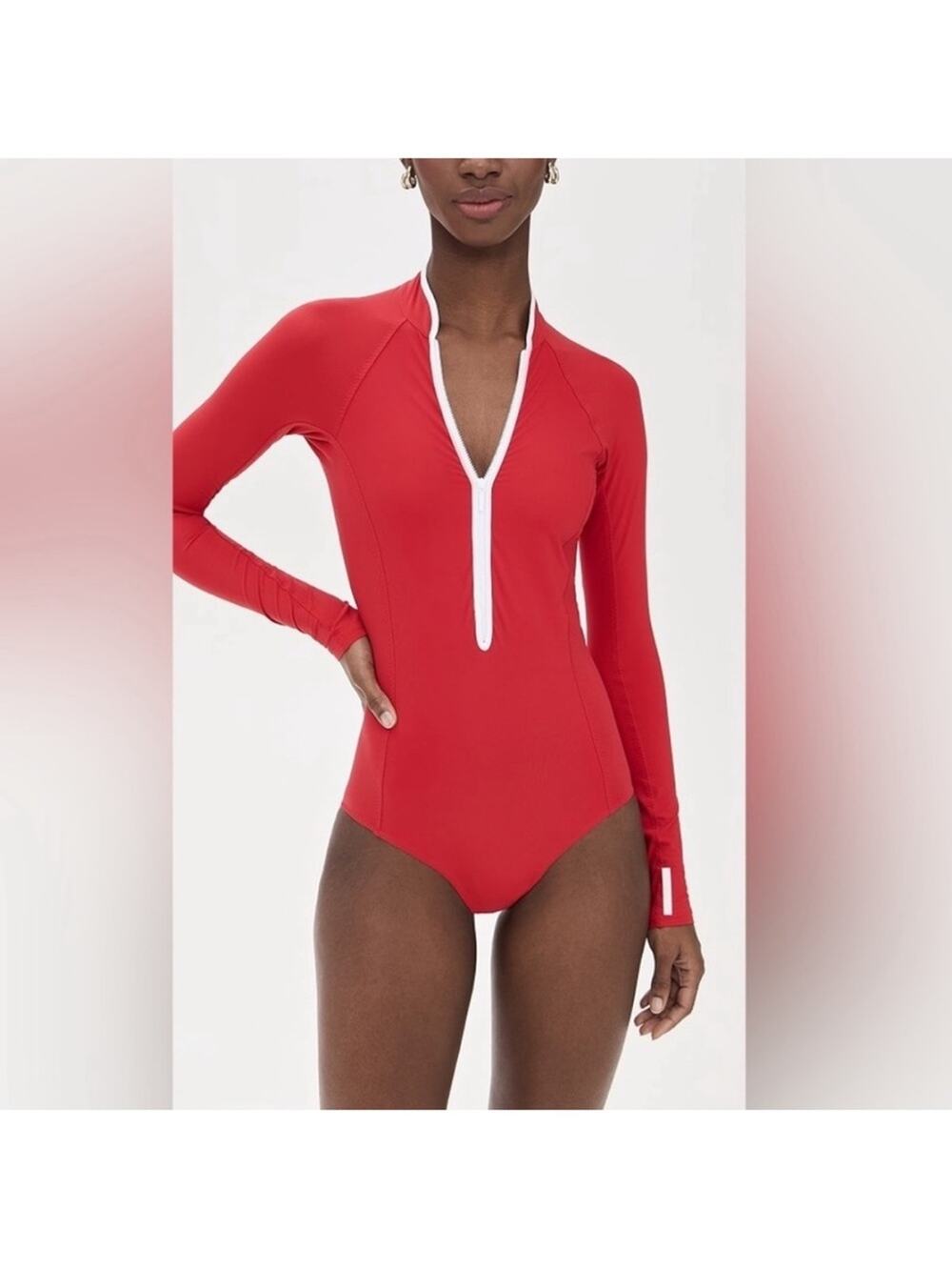 Hunza G Swimsuit Tyra UPF 50+ Long Sleeve Red White One Piece Small Monokini L